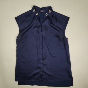 THE LIMITED Navy Silky Sleeveless Blouse with Gemstone Neckline - Size XS